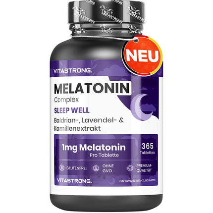 Melatonīna Vitastrong komplekss, 365 mikrotabletes, augsta deva ar kumelītēm, baldriānu, lavandu un B6 vitamīnu, melatonīna tabletes miega kvalitātei un laika joslu maiņas mazināšanai, bez cukura, glutēna un ĢMO