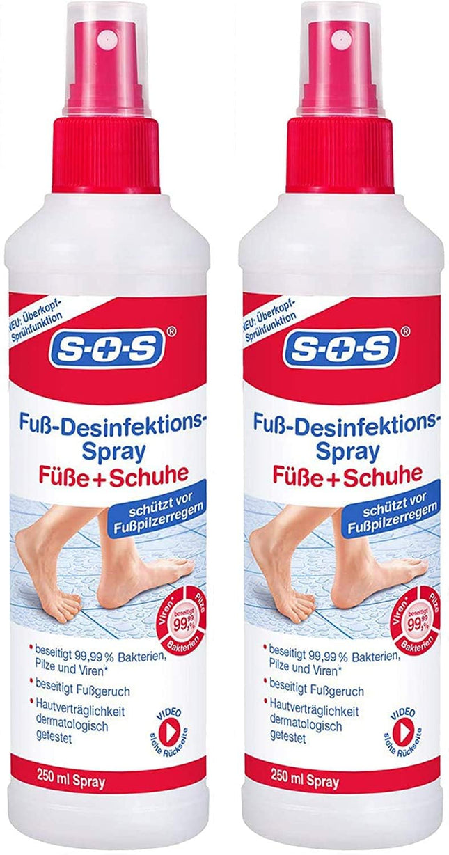 SOS pēdu dezinfekcijas aerosols | Kā pēdu aerosols: Aizsargā pret sportista pēdu | Kā apavu aerosols: novērš sviedrus un pēdu smaku 2 x 250 ml pēdu dezinfekcijas aerosols