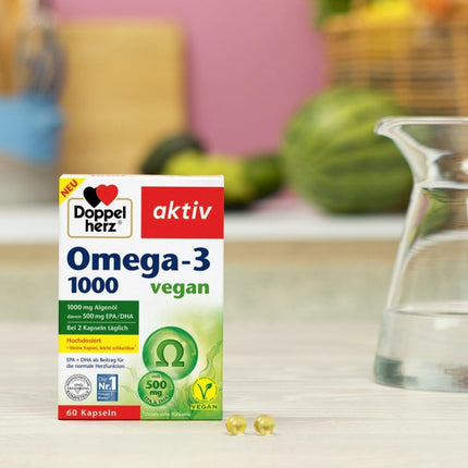 Doppelherz Omega-3 1000 vegāns - Augstas devas omega-3 taukskābes EPA un DHA no augu aļģu eļļas - 120 mazas, viegli norijamas kapsulas