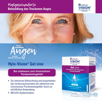 Hylo-Vision Gel sine acu pilieni – intensīvi mitrinoši stipri un hroniski sausām acīm, ideāli piemēroti lietošanai ārpus telpām, ļoti viskozi, bez konservantiem, piemēroti kontaktlēcām, 60 x 0,35 ml