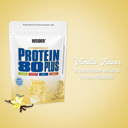 Weider - Protein 80 Plus - 4 komponentu proteīna pulveris - Augsts proteīna saturs ar 80% proteīna - Krēmīgi kokteiļi ar kalciju un B6 vitamīnu - 500g - Vaniļa