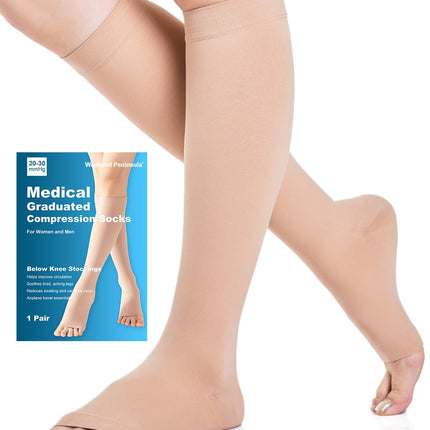 Medicīniskās kompresijas zeķes ar atvērtu purngalu sievietēm un vīriešiem 20-30 mmHg 2. klase, S-4XL izmērs, kompresijas zeķes, atbalsta zeķes varikozām vēnām, tūskai (bēša, M)