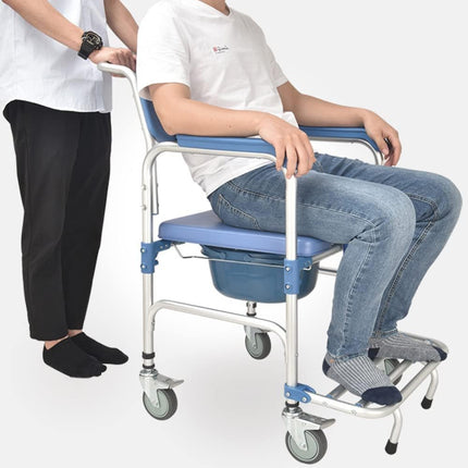 Tualetes krēsls ar riteņiem Dušas krēsls ar tualeti senioriem Mobilais tualetes ratiņkrēsls ar roku balstiem Muguras balsts un tualetes spainis līdz 150 kg Dušas krēsls ar riteņiem cilvēkiem ar invaliditāti