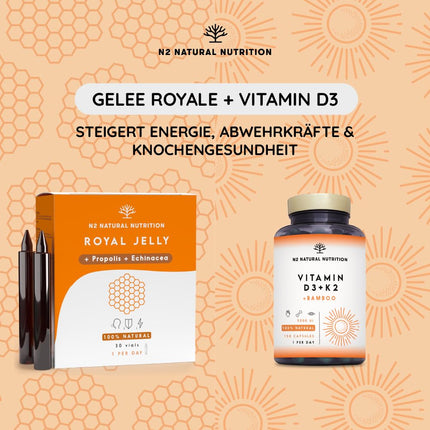 Tīra peru pieniņa ar propolisu, C vitamīnu un ehināciju. 30 ampulas pa 2000 mg. Mazina nogurumu un citus simptomus, palielina enerģiju, vitalitāti un uzlabo vielmaiņu. N2 Natural Nutrition