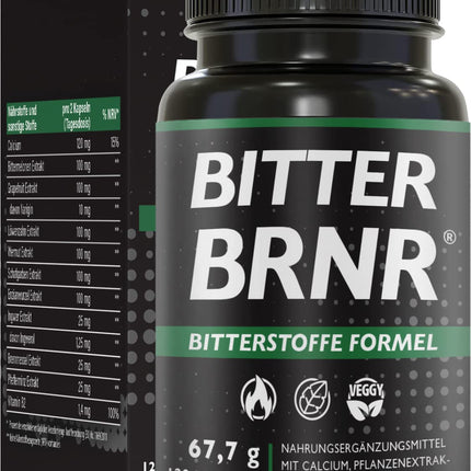 BRNR BITTER BRNR rūgtās formulas un vielmaiņas komplekss ar B2 vitamīnu, gremošanas enzīmiem ar kalciju, alternatīva rūgtajiem pilieniem, 120 kapsulas