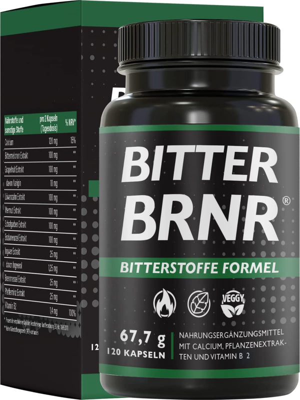 BRNR BITTER BRNR rūgtās formulas un vielmaiņas komplekss ar B2 vitamīnu, gremošanas enzīmiem ar kalciju, alternatīva rūgtajiem pilieniem, 120 kapsulas