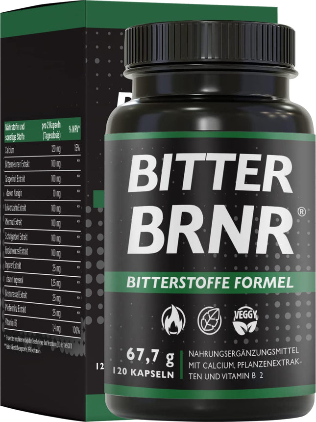 BRNR BITTER BRNR rūgtās formulas un vielmaiņas komplekss ar B2 vitamīnu, gremošanas enzīmiem ar kalciju, alternatīva rūgtajiem pilieniem, 120 kapsulas