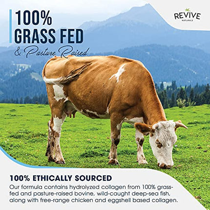 Revive Naturals multikolagēna proteīna pulveris - I, II, III, V un X tipi - hidrolizēta ar zāli barota liellopu gaļa, savvaļā noķertas zivis un brīvās turēšanas vistas gaļa, bez garšas, halāls - (400 g), pulveris