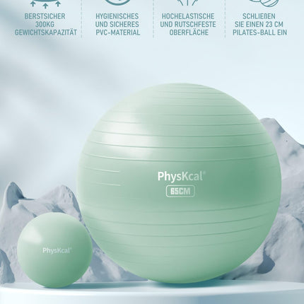 PhysKcal 65 cm gaiši tirkīza biezas vingrošanas bumbas un 23 cm Pilates bumbas komplekts, vingrošanas bumba ar pretplīsumu, neslīdoša sēdekļa bumba, līdzsvara bumba, jogas bumba mājām, sporta zālei un birojam
