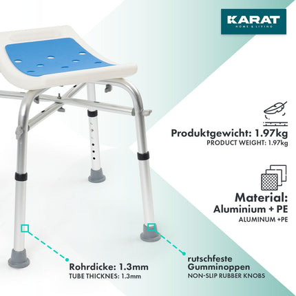 KARAT dušas krēsls - dušas krēsls ar regulējamu augstumu 37,5-49,5 cm - kravnesība līdz 136 kg - neslīdošs un stabils dušas sēdeklis - vannas krēsls - neslīdošas gumijas kājiņas (bez šķērsstieņiem)
