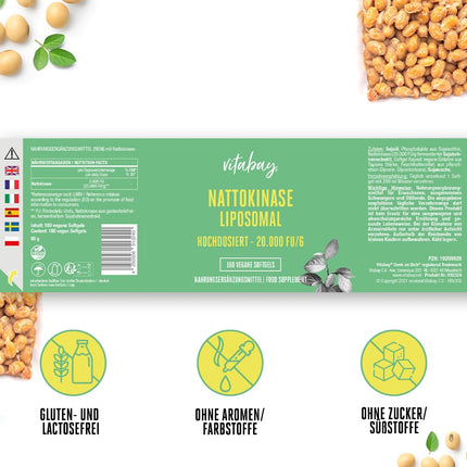 Vitabay Nattokināzes kapsulas ar augstu devu 20 000 FU - liposomālas un vegānas - 180 Nattokināzes kapsulas - enzīms Natto fermentētās sojas pupiņās - Nattokināzes tabletes ar augstu devu Natokināze L