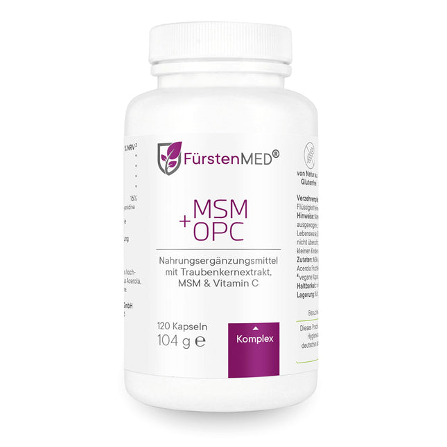 FürstenMED® MSM + OPC kapsulas. Augsta deva ar 1710 mg MSM pulvera + 180 mg OPC un C vitamīnu (no acerolas) vienā dienas devā - 120 kapsulas, vegānas, laboratoriski pārbaudītas un bez piedevām.