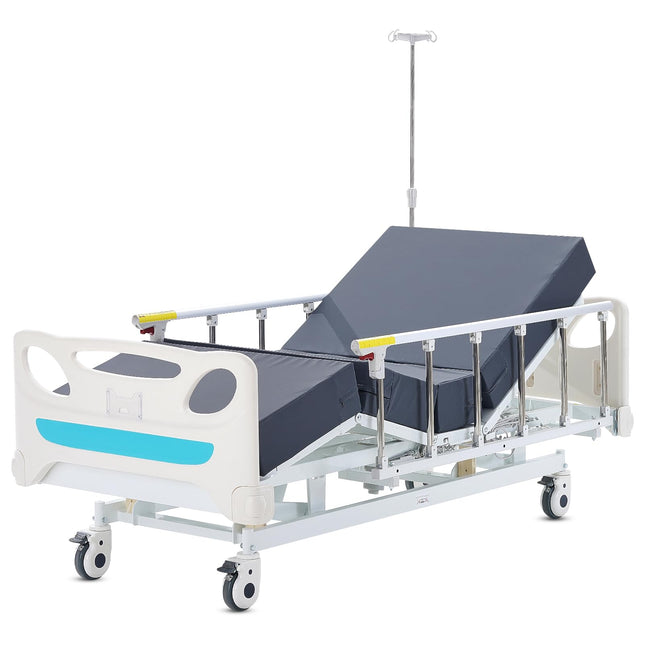 VEVOR Premium pilnībā elektriskā slimnīcas gulta ar 3 funkcijām, elektriskā medicīniskā intensīvās terapijas gulta ar matraci un intravenozo stieni, rokas vadību un 5 collu bloķējamiem ritenīšiem lietošanai