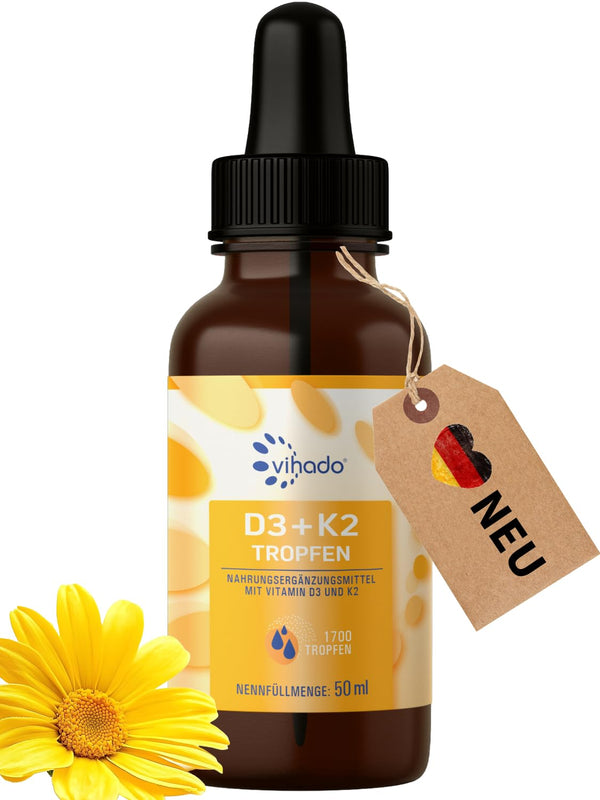 Vihado D3 vitamīna K2 pilieni, augsta deva pieaugušajiem, XXL iepakojums ar 1000 SV D3 vitamīna, augstākās tīrības pakāpe bez piedevām, 50 ml (1700 pilieni)