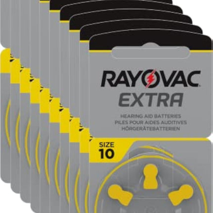Rayovac Extra Advanced cinka-gaisa dzirdes aparātu baterijas, 10 gab. iepakojumā, ar 60 baterijām, piemērotas dzirdes aparātiem un dzirdes pastiprinātājiem, dzeltenas