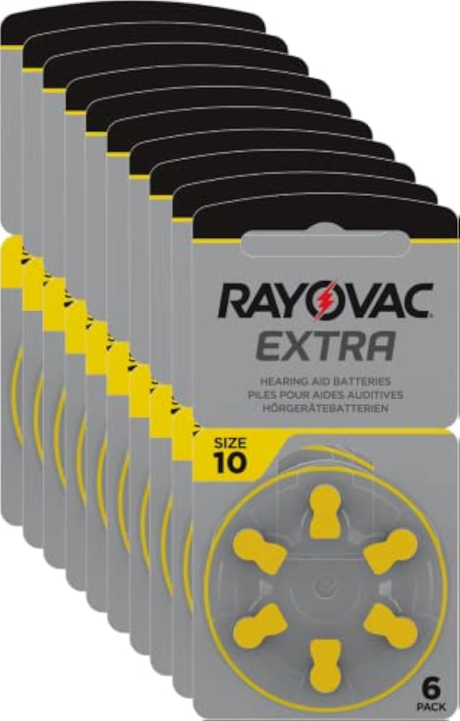 Rayovac Extra Advanced cinka-gaisa dzirdes aparātu baterijas, 10 gab. iepakojumā, ar 60 baterijām, piemērotas dzirdes aparātiem un dzirdes pastiprinātājiem, dzeltenas