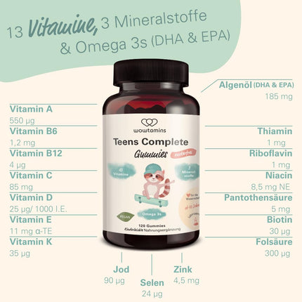 wowtamins Teens Complete bez cukura - vitamīni pusaudžiem (30 dienu piegāde) - multivitamīnu gumijas konfektes ar Omega 3 - uztura bagātinātājs imūnsistēmai ar C, D3, B12 vitamīniem, cinku un citiem vitamīniem