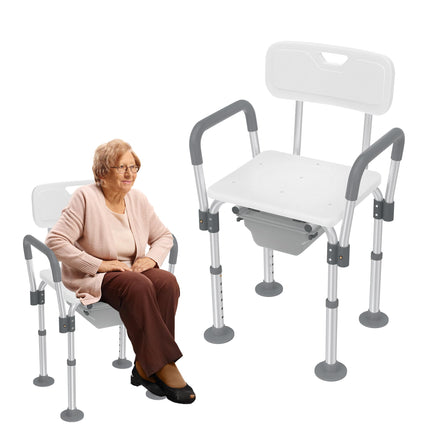 YRHome Augstumā regulējams alumīnija tualetes krēsls, dušas krēsls ar noņemamiem roku balstiem un atzveltni, neslīdošs dušas krēsls, līdz 150 kg, senioriem, grūtniecēm un cilvēkiem ar ierobežotu mobilitāti