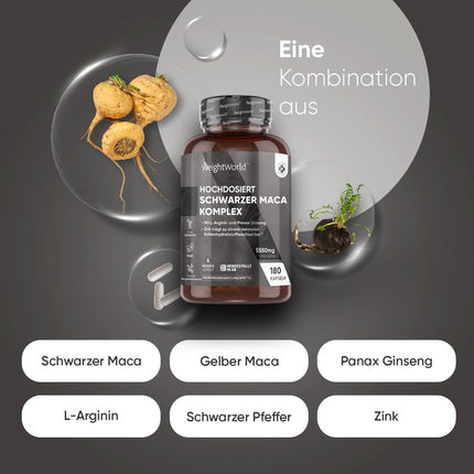 Maca kapsulas - 5550 mg vienā kapsulā - 6 mēnešu krājumi - melnās un dzeltenās Maca komplekss ar L-arginīnu, Panax žeņšeņu, melnajiem pipariem un cinku - 180 kapsulas - WeightWorld