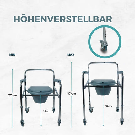 Mobiclinic®, Kumodes krēsls ar riteņiem, Muelle, Eiropas zīmols, Vecāka gadagājuma cilvēkiem un cilvēkiem ar invaliditāti, Neslīdošs, Vāks, Polsterēti roku balsti, Hromēts tērauds, Regulējams augstums, Viegli izvelkams spainis