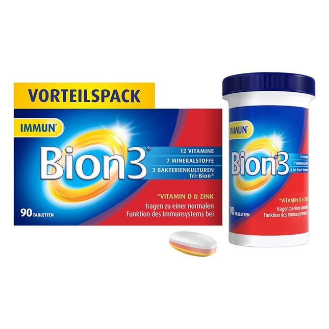 Bion3 Immun(*1) Multivitamīni, imunitātes stiprināšanai, C, D vitamīns, cinks un zarnu floras baktērijas, 90 tabletes, 3 mēnešu krājums