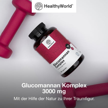 HealthyWorld® glikomanāna komplekss 3000 mg – no konjaka saknes – 180 kapsulas – svara zaudēšanas atbalstam – ar pievienotu holīnu, hromu, D3 un B3 vitamīniem – bez ĢMO – 1 mēneša krājums