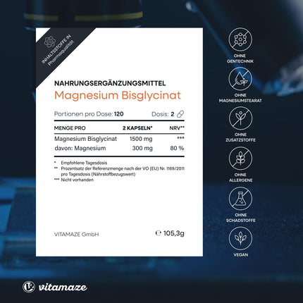 Magnija bisglicināta kapsulas, augsta deva, 1500 mg tikai 2 kapsulās, ieskaitot 300 mg elementārā magnija vienā dienas devā, 120 vegānas kapsulas 2 mēnešiem, bez piedevām, ražots Vācijā