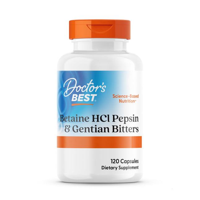 DOCTOR'S BEST betaīna hidrohlorīds ar pepsīnu un rūgto genciānu, 650 mg, 120 mīkstās kapsulas, augsta deva, laboratoriski pārbaudīts, bez sojas, bez glutēna, bez ĢMO, 113 g