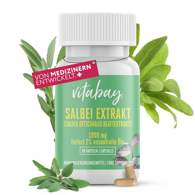 Vitabay salvijas ekstrakts 1900 mg - 90 vegānas salvijas kapsulas ar augstu devu - tabletes no lapu ekstrakta (Salvia officinalis, 2% ēteriskās eļļas) - kapsulas kā ekstrakts 10:1
