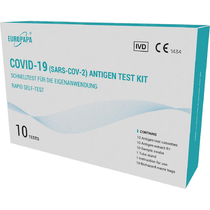 EUROPAPA® 10x koronavīrusa pašpārbaudes tests Covid-19 antigēna tests SARS-CoV-2 eksprestests pašpārbaudei testa kasete parauga uztriepes antigēna ekstrakts individuāli iepakots