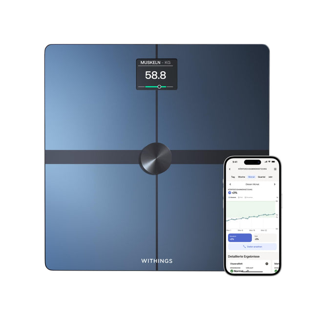 WITHINGS Body Smart — digitālie personīgie svari ar Wi-Fi/ķermeņa tauku skalu, lai noteiktu ķermeņa sastāvu, tostarp muskuļu masu, ūdens procentuālo daudzumu un kaulu blīvumu.
