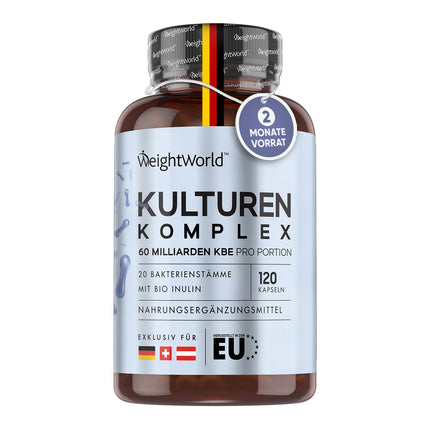 Kultūru komplekss ar 60 miljardiem CFU - 20 baktēriju celmiem un organisko inulīnu - 120 vegāniskas kapsulas - Baktēriju kultūras ar Bifidobacterium, Lactobacillus Gasseri un Reuteri - 2 mēnešu krājums WeightWorld