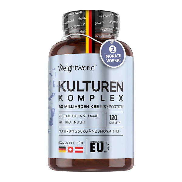 Kultūru komplekss ar 60 miljardiem CFU - 20 baktēriju celmiem un organisko inulīnu - 120 vegāniskas kapsulas - Baktēriju kultūras ar Bifidobacterium, Lactobacillus Gasseri un Reuteri - 2 mēnešu krājums WeightWorld