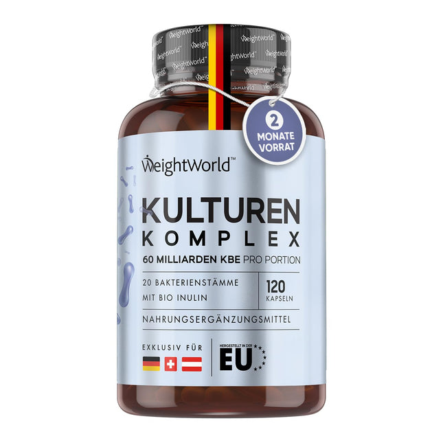 Kultūru komplekss ar 60 miljardiem CFU - 20 baktēriju celmiem un organisko inulīnu - 120 vegāniskas kapsulas - Baktēriju kultūras ar Bifidobacterium, Lactobacillus Gasseri un Reuteri - 2 mēnešu krājums WeightWorld