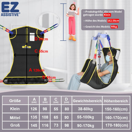 EZ Assistive pilna ķermeņa pacientu pacelšanas siksna ir aprīkota ar četru punktu sieta siksnu pacientu pārvietošanai un atbalsta svaru līdz 230 kg (500 mārciņām). (liels)