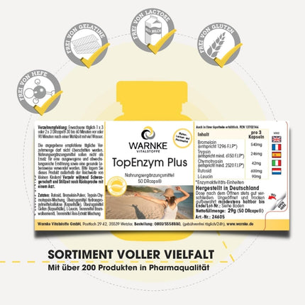 Enzīmu komplekss - bromelaīns, tripsīns, himotripsīns un rutozīds - Topenzym Plus - 50 kapsulas | Warnke Vitalstoffe - Vācijas aptieku kvalitāte