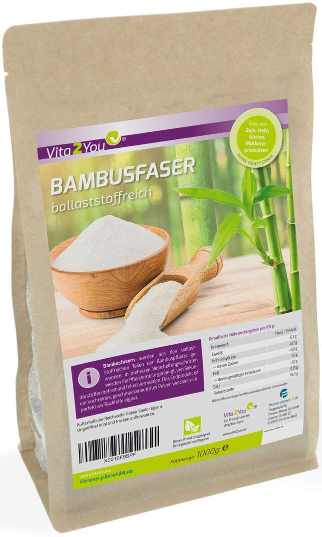 Vita2You bambusa šķiedra 1000g - ar augstu šķiedrvielu saturu - bez glutēna - bambusa šķiedra cepšanai - mērču sabiezināšanai u.c. - 1kg maisiņā ar rāvējslēdzēju - augstākā kvalitāte