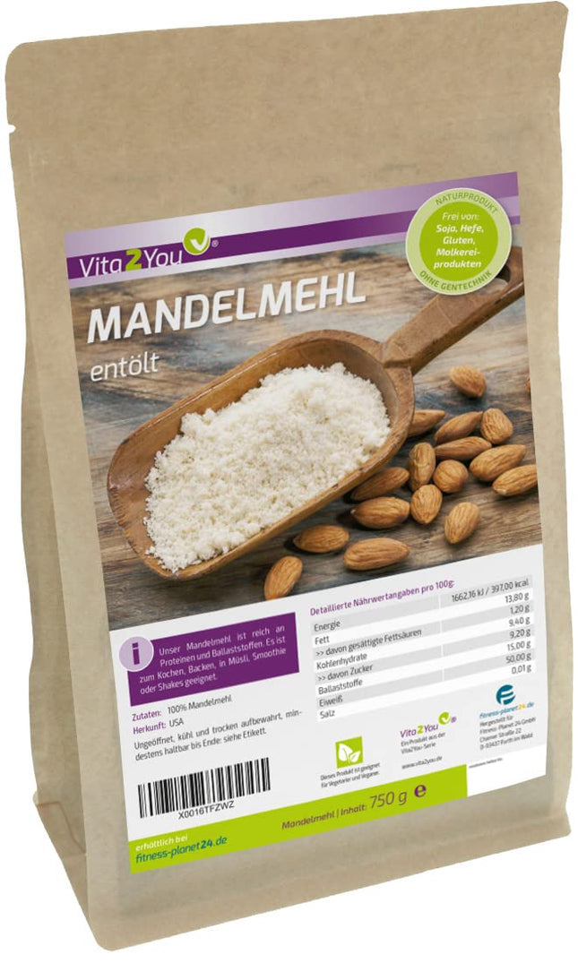 Vita2You mandeļu milti 750g - attaukoti - 50% olbaltumvielu - zems ogļhidrātu saturs - augsts olbaltumvielu saturs - smalks pulveris - cepšanai - augstākā kvalitāte