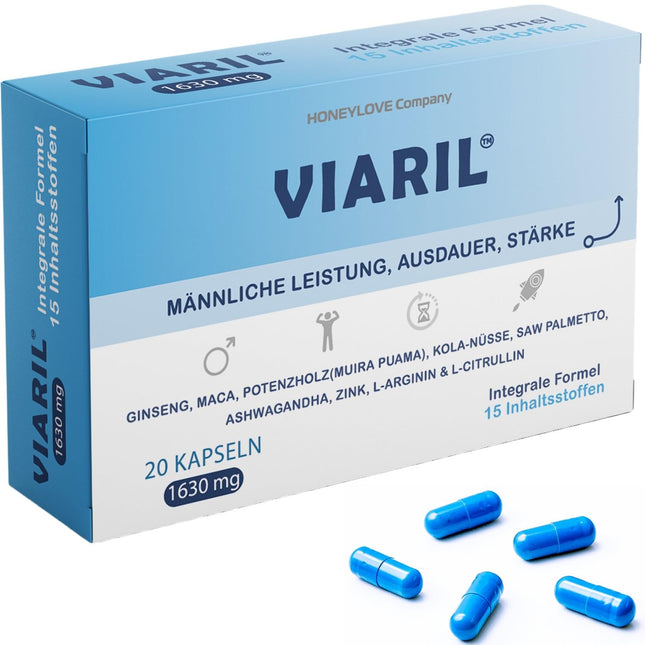 VIARIL - 20 īpaši stipras zilas kapsulas | Aktīviem vīriešiem ar tūlītēju un ilgtermiņa efektu | Augsta deva ar 13 aktīvajām sastāvdaļām (1630 mg), tostarp Muira Puama, žeņšeņu, maka un L-arginīnu