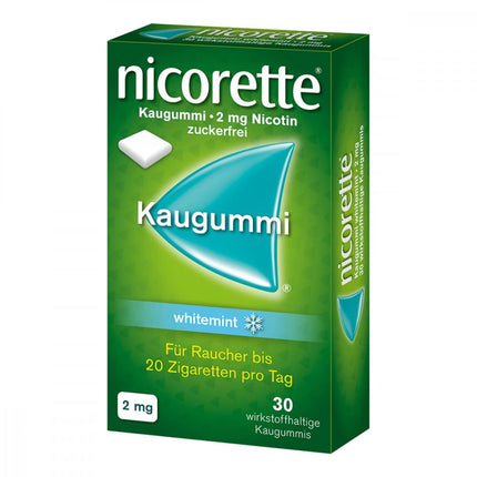 NICORETTE košļājamā gumija 2mg Whitemint – Nikotīna košļājamā gumija smēķēšanas atmešanai – Zobus balinoša iedarbība – Piparmētru garša – 2mg nikotīna – 30 gab.
