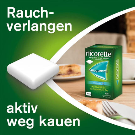 NICORETTE košļājamā gumija 2mg Whitemint – Nikotīna košļājamā gumija smēķēšanas atmešanai – Zobus balinoša iedarbība – Piparmētru garša – 2mg nikotīna – 30 gab.