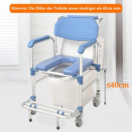 Tualetes krēsls ar riteņiem Dušas krēsls ar tualeti senioriem Mobilais tualetes ratiņkrēsls ar roku balstiem Muguras balsts un tualetes spainis līdz 150 kg Dušas krēsls ar riteņiem cilvēkiem ar invaliditāti