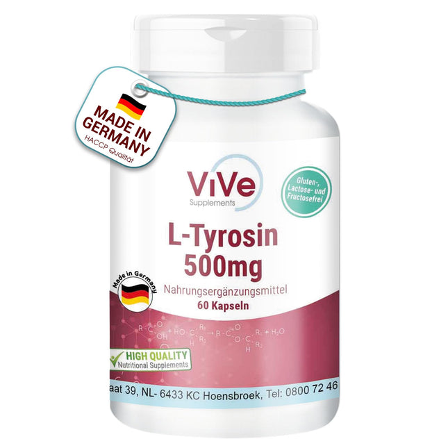 L-tirozīns 500 mg - 60 kapsulas - augsta deva - proteinogēna aminoskābe | Kvalitāte no Vācijas, ko nodrošina ViVe Supplements