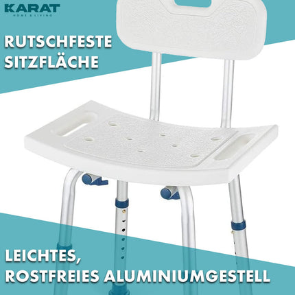 KARAT dušas krēsls ar noņemamu atzveltni, dušas krēsls senioriem, regulējams augstums 37-50 cm, kravnesība līdz 150 kg, neslīdošs un stabils, dušas sēdeklis, vannas krēsls, vannas krēsls Jonah