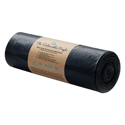 TSP izturīgie atkritumu maisi 120L - izgatavoti no vismaz 90% pēcapstrādes atkritumiem (PE) - Blue Angel sertificēti - ārkārtīgi izturīgi pret plīsumiem - 15 ruļļu iepakojums - mūsu izturīgākie (100 μm) - ideāli piemēroti īpaši smagiem atkritumiem