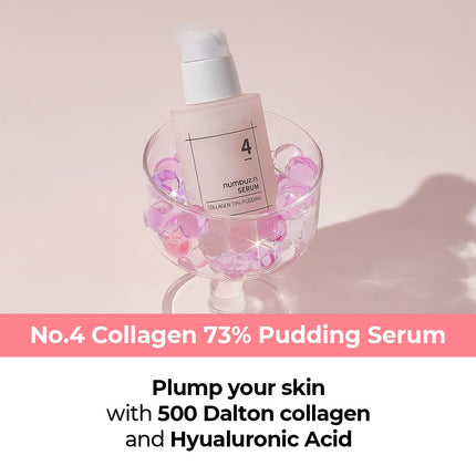 numbuzin Nr. 4 serums | 73% kolagēna pudiņa serums | Pretnovecošanās līdzeklis, samazina grumbas, apaļīga, tvirta āda, pretgrumbu serums ar kolagēnu un hialuronskābi | Korejiešu ādas kopšana | 50 ml