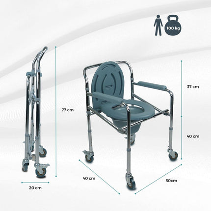 Mobiclinic®, Kumodes krēsls ar riteņiem, Muelle, Eiropas zīmols, Vecāka gadagājuma cilvēkiem un cilvēkiem ar invaliditāti, Neslīdošs, Vāks, Polsterēti roku balsti, Hromēts tērauds, Regulējams augstums, Viegli izvelkams spainis