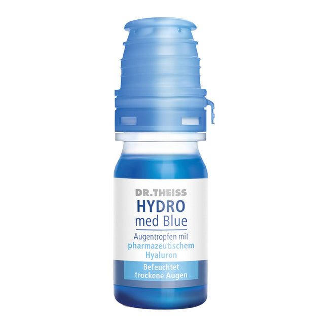 Dr. Theiss HYDRO med Blue acu pilieni ar farmaceitisko hialuronskābi | Mitrina un samazina apsārtumu sausās acīs un pastiprina acu baltumu krāsu | Zilie pilieni | bez konservantiem