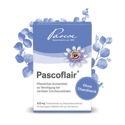 Pascoflair: 90 tabletes - augu izcelsmes nomierinošs līdzeklis - nervu nemiera, piemēram, stresa izraisīta, gadījumā - 425 mg koncentrēta ekstrakta vienā tabletē atbilst 4250-6375 mg pasifloras (dienas deva)