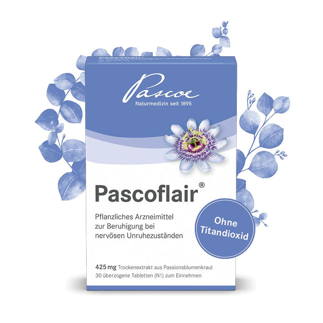 Pascoflair: 90 tabletes - augu izcelsmes nomierinošs līdzeklis - nervu nemiera, piemēram, stresa izraisīta, gadījumā - 425 mg koncentrēta ekstrakta vienā tabletē atbilst 4250-6375 mg pasifloras (dienas deva)